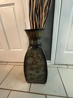 Metal vase with bamboo arrangement 21.5” H x 7”W