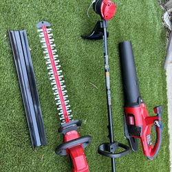 Toro 60 V weedeater head trimmer, blower battery and charger and mower Ryobi 18 V blower weedeater, hedge trimmer, chainsaw battery an charger DeWalt