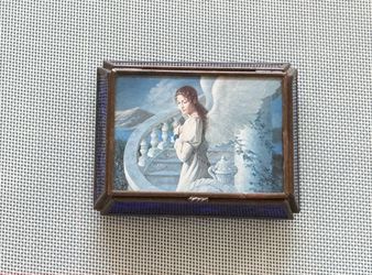 Vintage blue glass and brass trinket/jewelry box with angel in staircase