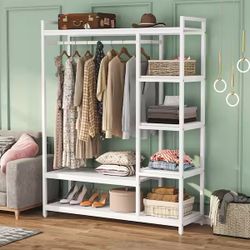 Cynthia White Garment Rack with Shelves and Hang Rod