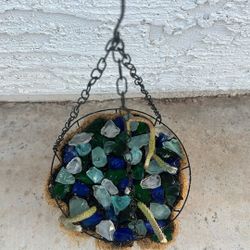 Hanging Coconut Husk In The Metal Frame With 4 cactus 🌵 Plants, Soil & Decorative Glass