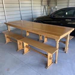 9' Solid Wood Table and Four Wood Seating Benches