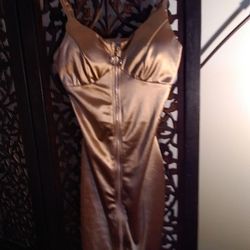 GOLD SATIN ZIP UP FRONT BODYCON DRESS SZ S #50