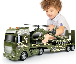Green Military Big Truck Toys,25.6" Semi Truck Toy with Helicopters and Tank,Army Toys with Lights & Sounds,Birthday Gift for 2 3 4 5 Years Old Boys a