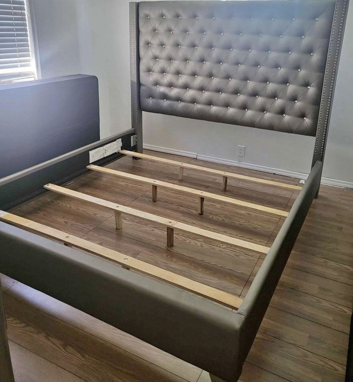 Grey diamond studded king size bed frame