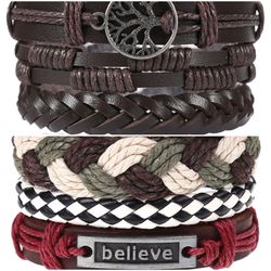 2 x Set Adjust. Size up to 9.5inc Leather Bracelet, Tree of Life (Brown-Believe_1)
