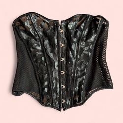 Gothic Black Corset Top with Faux Leather Accents, adjustable straps, hook & eye closures 