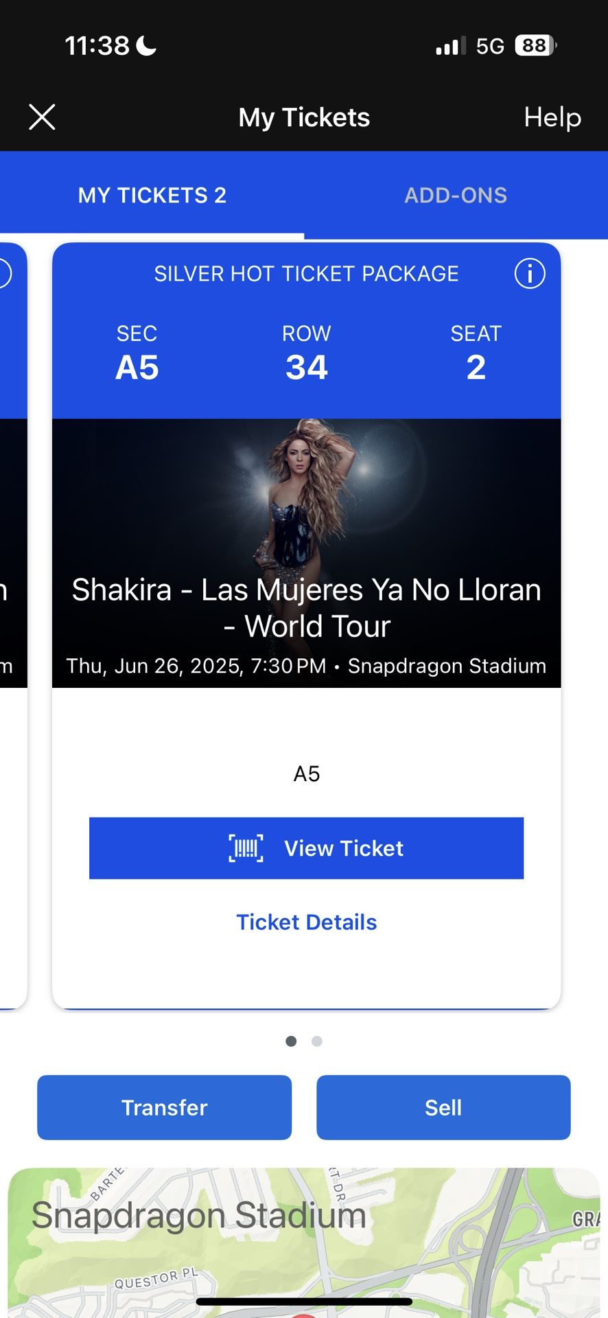2 Tickets To Shakira Las Mujeres Ya No Lloran Tour San Diego (Silver Hot Package Floor Seats)