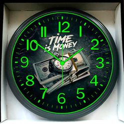Time Is Money Business Music Studio Lounge Glow In The Dark Wall Clock New