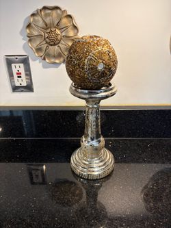 Gold-Silver Tone Beaded 4” Sphere on Mercury Glass 9” Pillar Home Decor