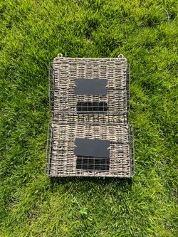 2 Tier Woven Seagrass and Wire Wall Basket Organizer with Chalkboard Labels - Rustic Farmhouse Mail Holder & Magazine Rack