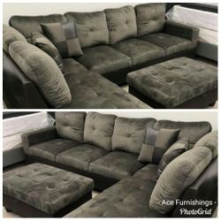 Brand New Charcoal Gray Microfiber Sectional Set With Decorative Pillows & Storage Ottoman