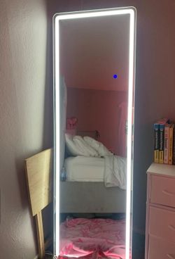 LED Rectangular Full Length Mirror,  Body Standing Mirror Shatterproof Tempered Glass, 3 Color Lighting Standing, for Bedroom Cloakroom Livingroom, Wh
