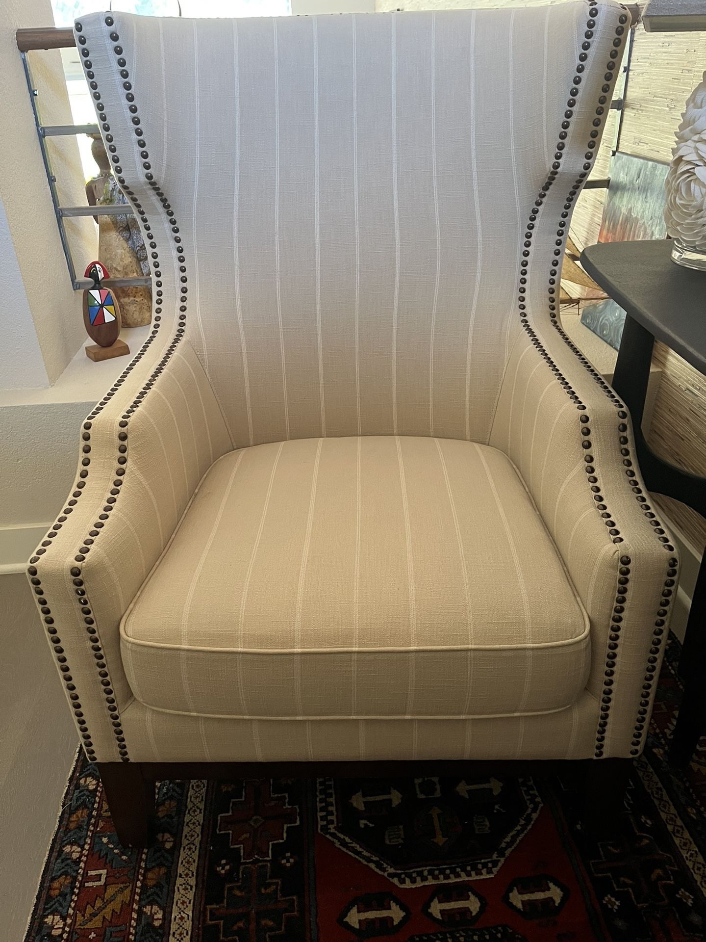 Chair - Wingback Style - Tan w/white Pin Stripes