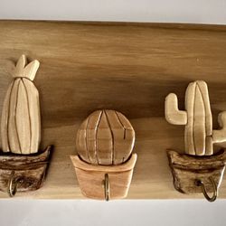 Adorable Wood Handmade Intarsia Style Cactus Key Holder