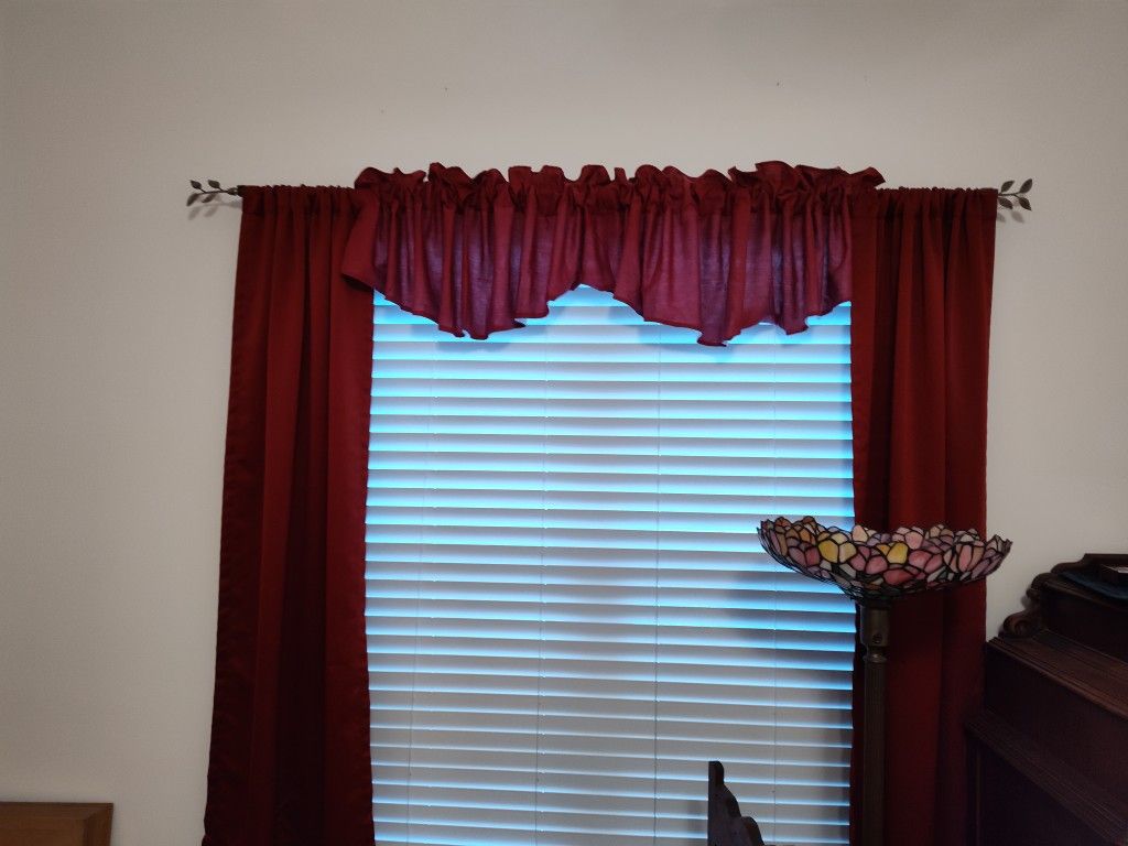 2 Long Beige Curtains, 2 Short Beige Curtains, And One Dark Red Curtains 
