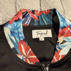 Tropical BLVD Men’s Black Windbreaker Jacket – Size L, Floral Trim Zip-Up