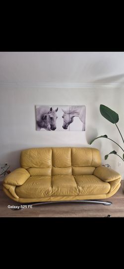 Yellow Leather 3-Seater Sofa with Chrome Base