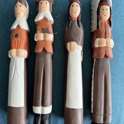 Vintage Wooden Thanksgiving Figurines (pilgrims And Native Americans)