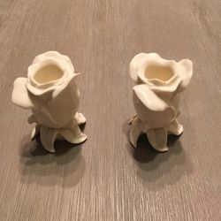 Vintage Set Of 2 Lenox Rose Flower Shaped White Candlesticks 3’