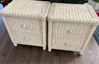 Pair of White Wicker Nightstands