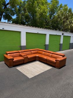 Recliner Sectional Couch Sofa - Cognac Leather - Adjustable Headrests - USB Ports