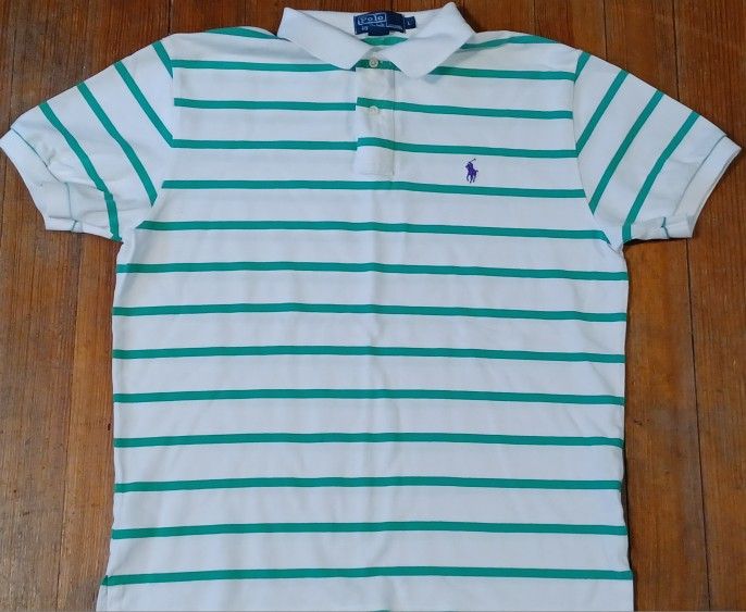 Men's Size Large Polo Green Striped Collared Shirt