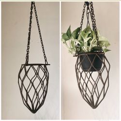 Vintage Victorian wrought iron galvanized plant hanger basket pine apple metal brown