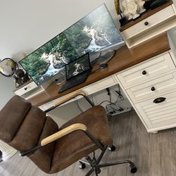 Pottery Barn Whitney Desk Collection w/ Matching Hutches, Leather Computer Chair And Dual 27” Samsung Curved LED Monitors