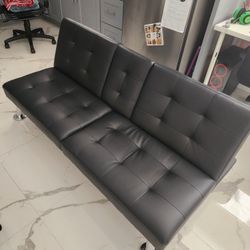 Furmax Futon Sofa Bed Convertible Folding Black Faux Leather Couch with 2 Cup Holders