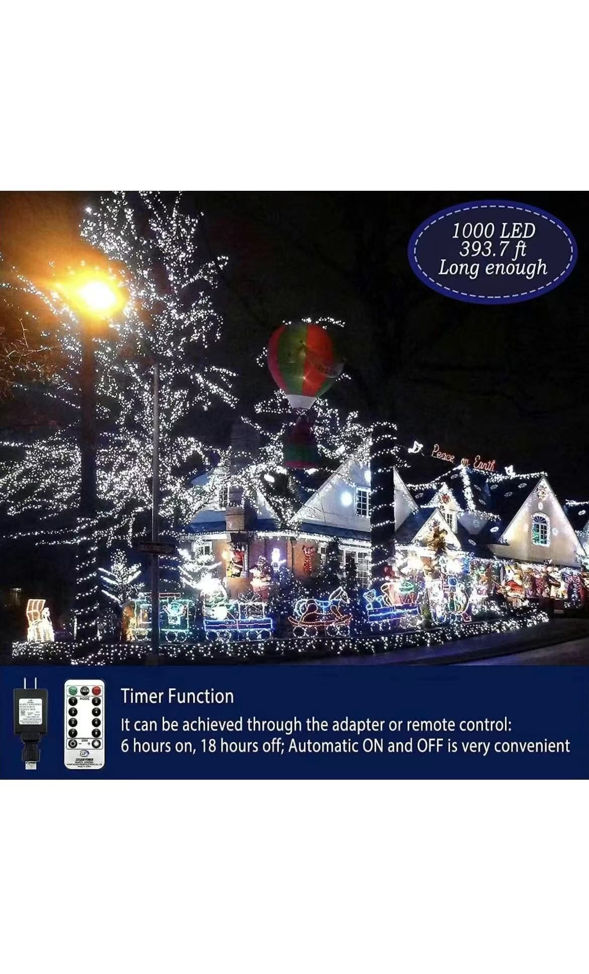403ft 1000 LED Christmas String Lights Outdoor 8 Modes & Timer Fairy Light Plug in Waterproof LED Wedding Lights for Xmas Yard Tree Party Holiday Deco