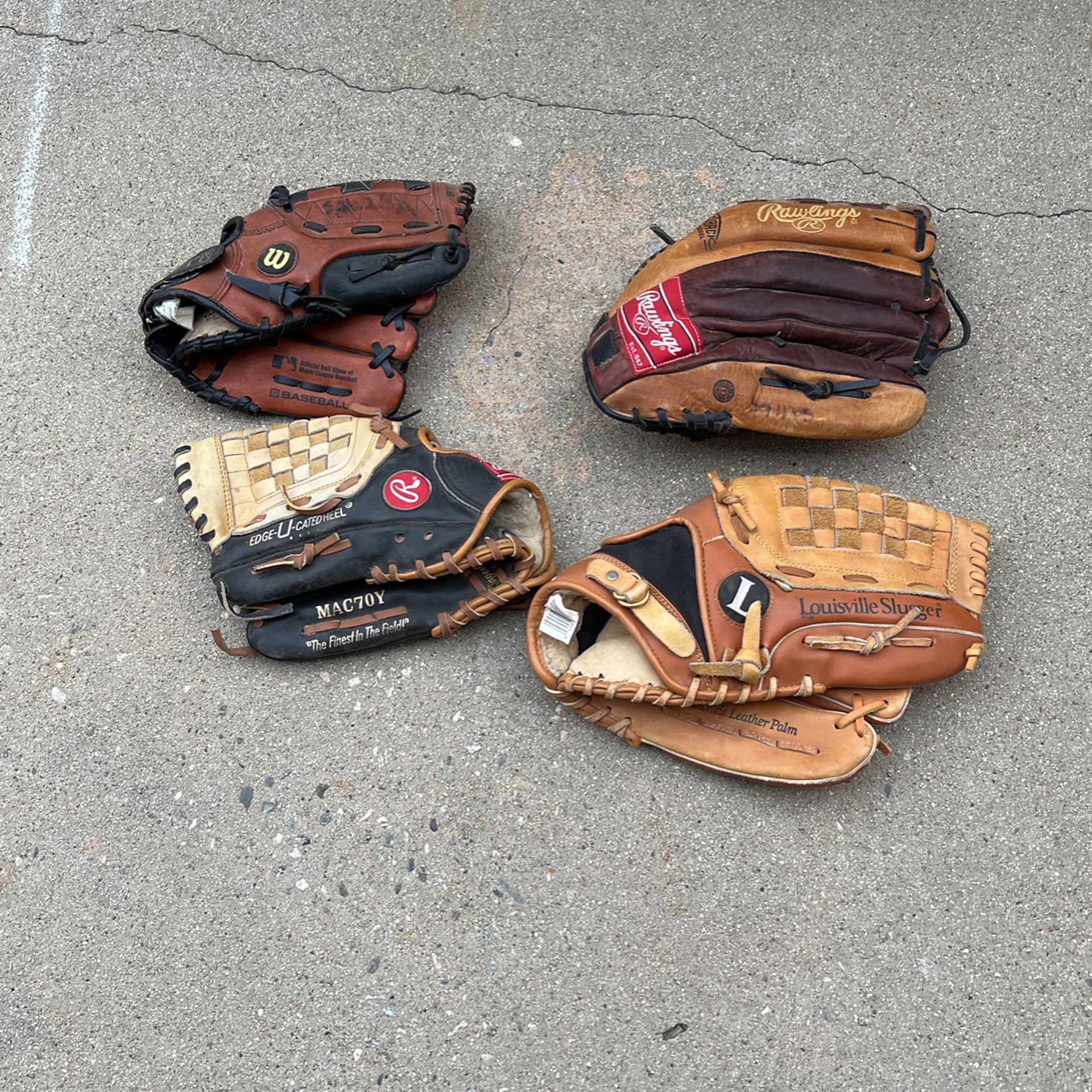 Four Youth Baseball Gloves, Rawlings Louisville Slugger Wilson