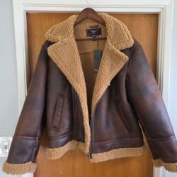 Men's  Brown Faux Suede Vegan Sherpa Jacket XL Aviator Pilot