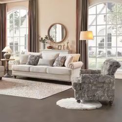 Piece Living Room Set, Modern Farmhouse Chenille Sofa  with Nailhead Trim, Floral Accent Chair