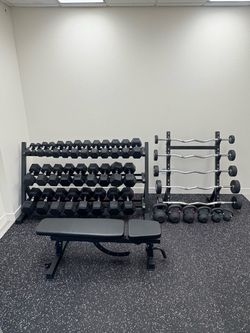Home Gym Equipment Bundle for Sale, Everything in Photo Brand New in Boxes, Dumbbells Kettlebells Adjustable Bench Curl Bar Gym Flooring Tiles