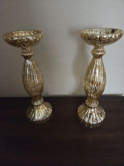 Set of 2 Gold Mercury Glass Pillar Candle Holders 13" new giftable $10 pair