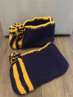 Handmade Knitted Wool Slippers Blue And yellow 