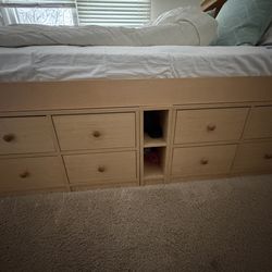 Great Looking, Practical Solid Wood Full Size Bed w/Mattress, Drawers 16 drawers total—8 on each side 6 cubbies on platform