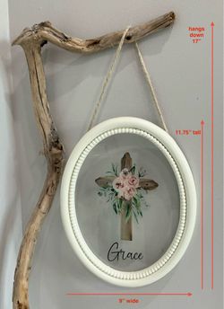 Oval Wood Framed Hanging “Grace” Floral Cross Art