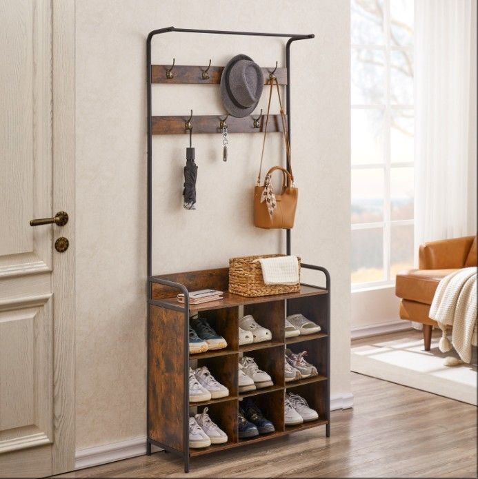 Entryway Coat Rack and Storage Organizer with Shoe Rack 7 Hooks