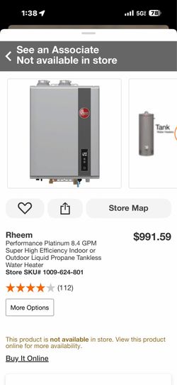 Rheem Performance Platinum 8.4 GPM Super High Efficiency Indoor or Outdoor Liquid Propane Tankless Water Heater