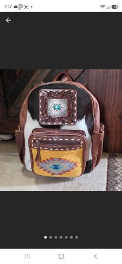 Western Cowhide Leather Backpack with Turquoise Concho