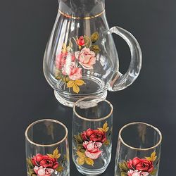 West Virginia Glass Company Vintage Radiant Rose Pitcher and 3 Tumbler Glasses 22k Gold Accents