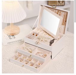 3 Layer Jewelry Boxes for Women with Mirror Large Jewelry Organizer Box with 2 Jewelry Organizer Drawer PU Lockable Elegant Unique Gifts for Women, Wh