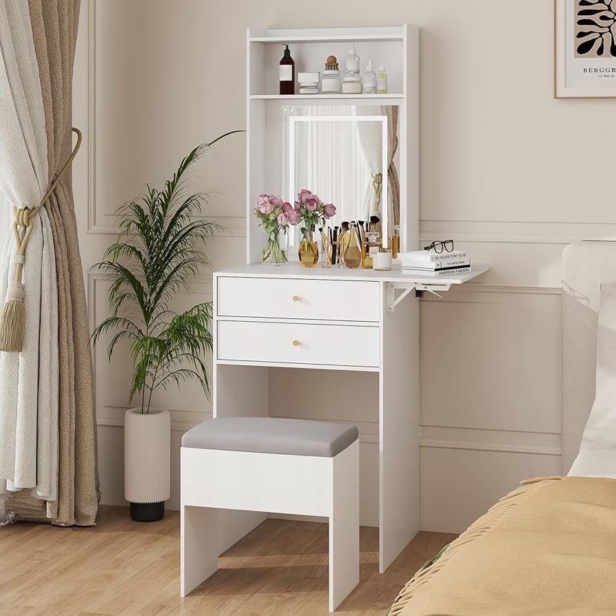 ARTETHYS Small Vanity Desk Set with 3 Adjustable Lighted Mirror and Storage Chair Mini Makeup Vanities Set for Compact Space White Dressing Table with