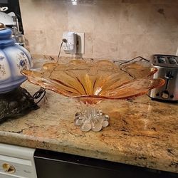 craft glass fruit plate leaf shape amber color compote antique style