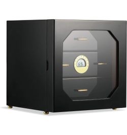 Woodronic Cigar Humidor Cabinet for 100 Counts with Digital Hygrometer, Crystal Gel Humidifiers, Spanish Cedar Lined Trays & Dividers, Polished Piano 