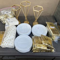 Gold Utensils Spoons, Knives, Cocktail Napkins, Dessert Plates
