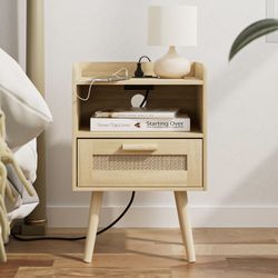 1 Nightstand Wooden with Rattan Weaving Drawer Home Bedside End Table Bedroom Storage Outlet