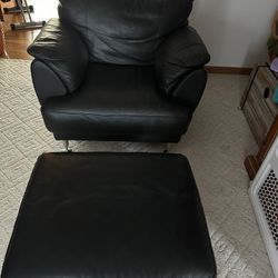 Mid century Modern Black Leather Chair With Ottoman